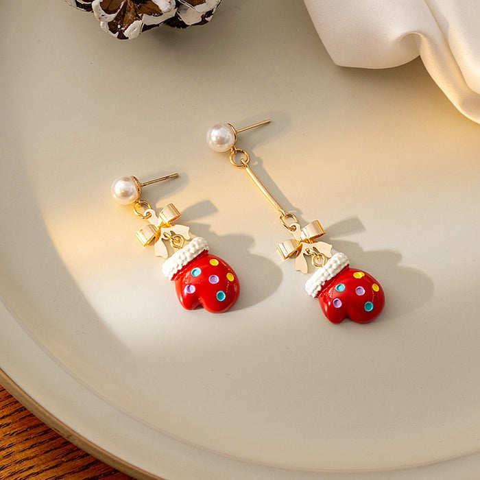 Christmas Red Mitten Enamel Pearl Bow Asymmetric Alloy Long Drop Dangle Women's Fashion Earrings
