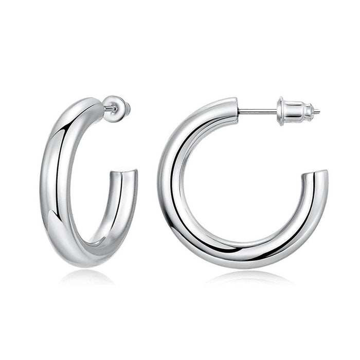 Large C Shape Metal Hoop Earrings, Korean Metallic Statement Ear Jewelry For Mature Women