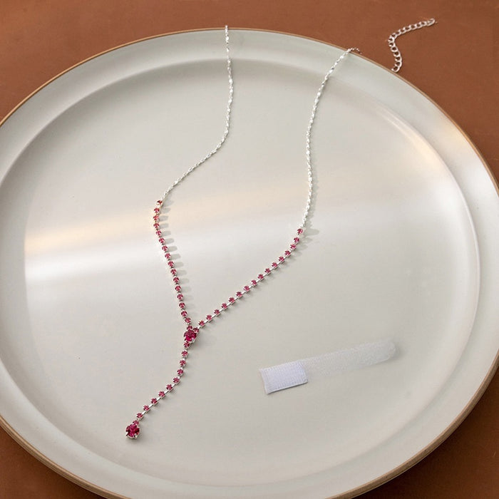 Korean Minimalist Geometric Round Zircon Pendant Necklace Pink Diamond Collarbone Chain For Women