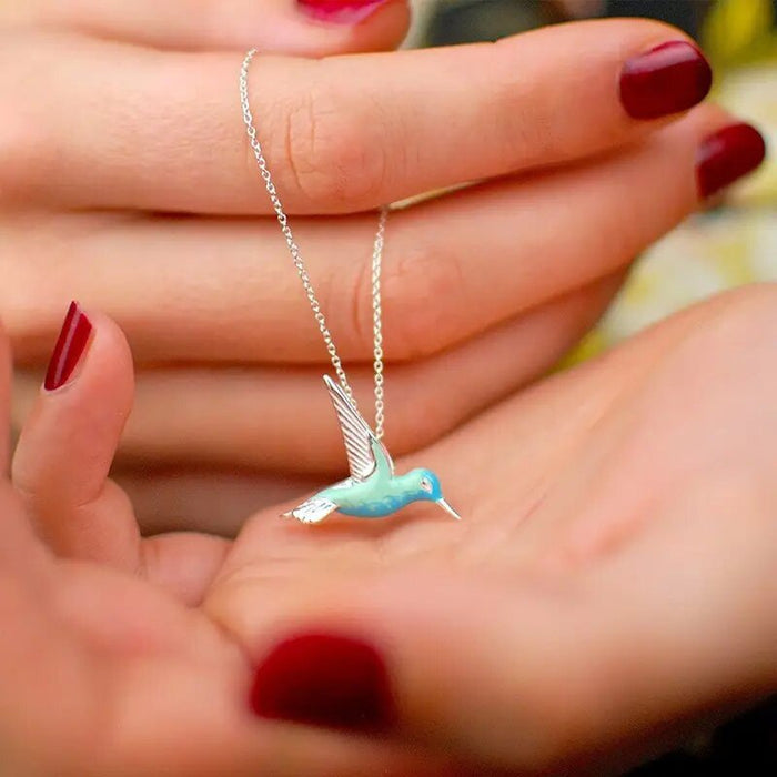 Blue Gradient Mini Hummingbird Necklace And Earrings Japanese Style Fresh Daily Jewelry Set