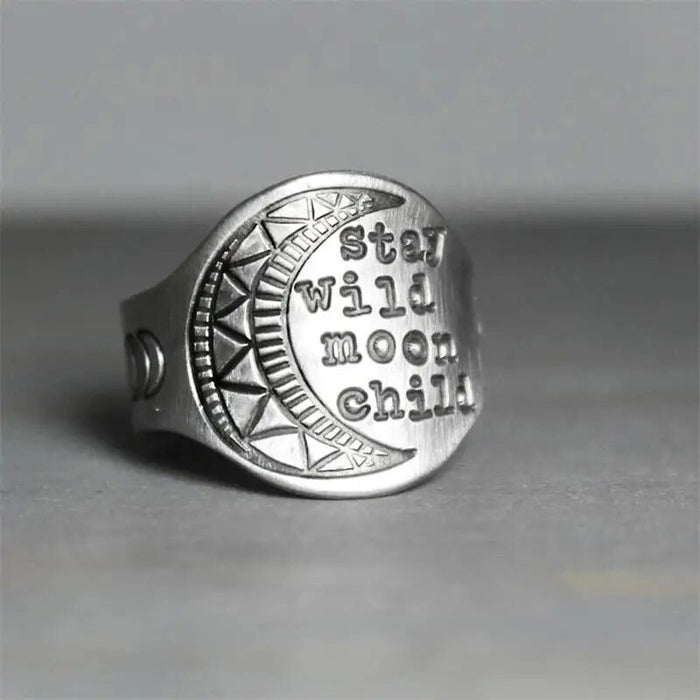 Creative Round Disc Carved Moon Ring In Thai Silver Color Indian Style Unisex Finger Jewelry