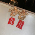 Alloy Floral Pleated Double Happiness Tassel Drop Earrings For Elegant Bridal OL Style view 4