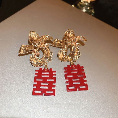 Alloy Floral Pleated Double Happiness Tassel Drop Earrings For Elegant Bridal OL Style