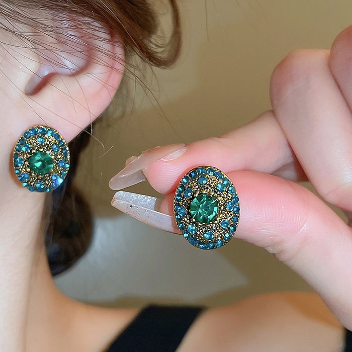 Alloy Rhinestone Oval Stud Earrings French Light Luxury Court Style Geometric Jewelry