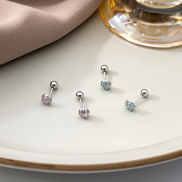 Elegant Mini Korean Silver Needle Pink Blue Moonstone Rhinestone Barbell Stud Fashion Earrings