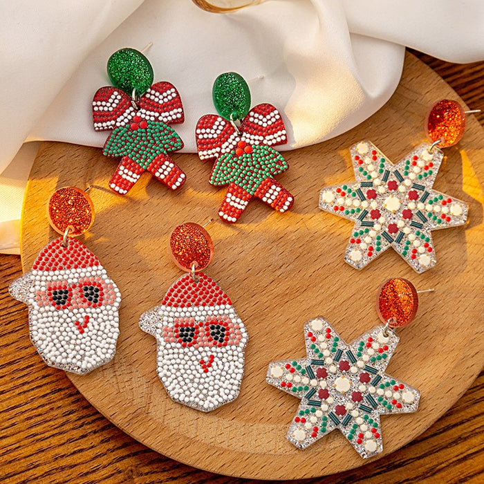Christmas Santa Snowflake Gingerbread Acrylic Rhinestone Drop Dangle Elegant Holiday Stud Earrings