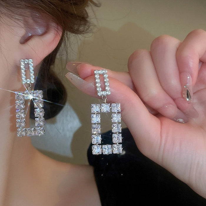 Copper Zircon Square Hollow Stud Earrings Korean Minimalist Light Luxury Geometric Style