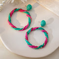 Bohemian Colorful Raffia Woven Round Hoop Drop Earrings With Alloy Studs, Geometric Contrast Earrings view 3