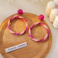 Bohemian Colorful Raffia Woven Round Hoop Drop Earrings With Alloy Studs, Geometric Contrast Earrings view 2