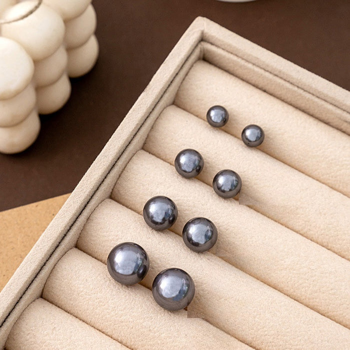 Elegant Vintage Gray Simulated Pearl Stud Earrings For Women, Minimal French Luxury Round Bead Earrings