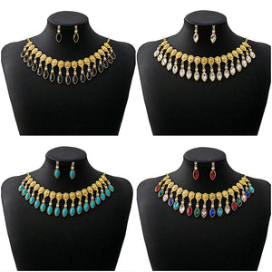 Vintage Luxury Alloy Rhinestone Teardrop Necklace Set For Women Banquet Dress Geometric Dangle Earrings