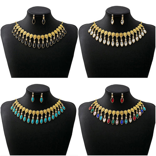 Vintage Luxury Alloy Rhinestone Teardrop Necklace Set For Women Banquet Dress Geometric Dangle Earrings