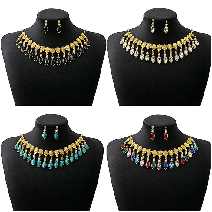 Vintage Luxury Alloy Rhinestone Teardrop Necklace Set For Women Banquet Dress Geometric Dangle Earrings