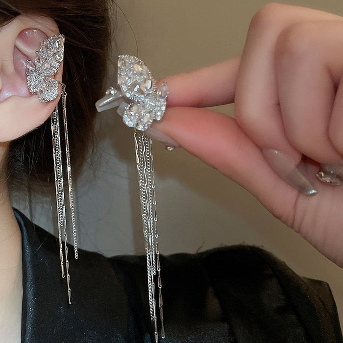 Copper Zircon Half Butterfly Tassel Clip-on Earrings, Korean Light Luxury Ear Cuffs