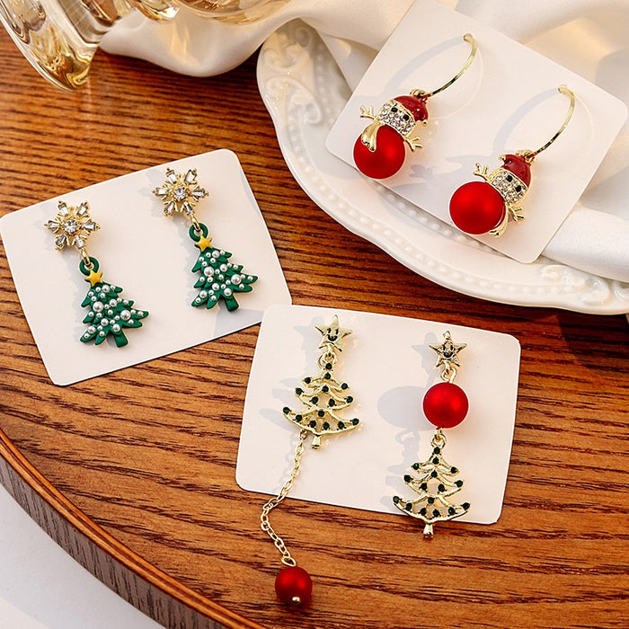 Elegant Christmas Snowman Tree Snowflake Asymmetric Alloy Rhinestone Enamel Pearl Drop Earrings
