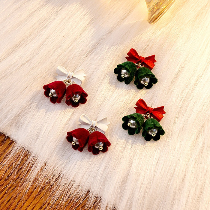 Vintage Velvet Christmas Bell Bow Dangle With Pearl Beads And Alloy Silver Needle Elegant Earrings