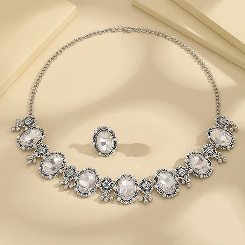 Vintage Luxury Rhinestone Crystal Geometric Round Statement Jewelry Set Elegant Banquet Stud Earrings