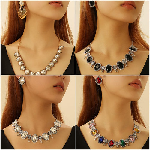 Vintage Luxury Rhinestone Crystal Geometric Round Statement Jewelry Set Elegant Banquet Stud Earrings