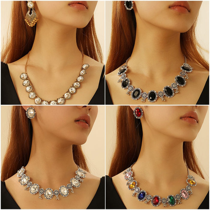 Vintage Luxury Rhinestone Crystal Geometric Round Statement Jewelry Set Elegant Banquet Stud Earrings