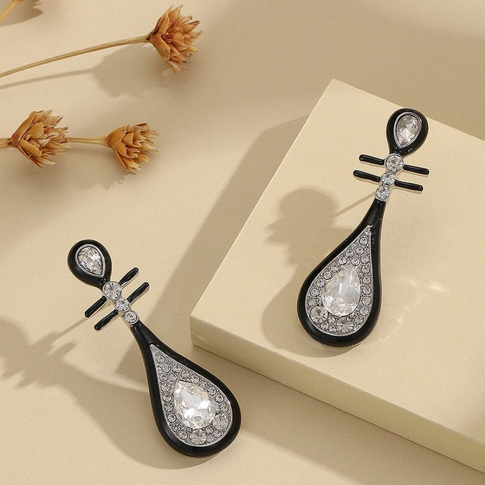 Vintage Ethnic Pipa Lute Shape Black Enamel Rhinestone Crystal Drop Qipao Accessories Elegant Earrings