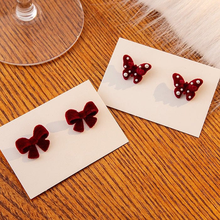 Vintage Red Velvet Bow Butterfly Pearl Rhinestone Studs French Elegant Flocked Winter Fashion Earrings