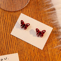 Vintage Red Velvet Bow Butterfly Pearl Rhinestone Studs French Elegant Flocked Winter Fashion Earrings view 2