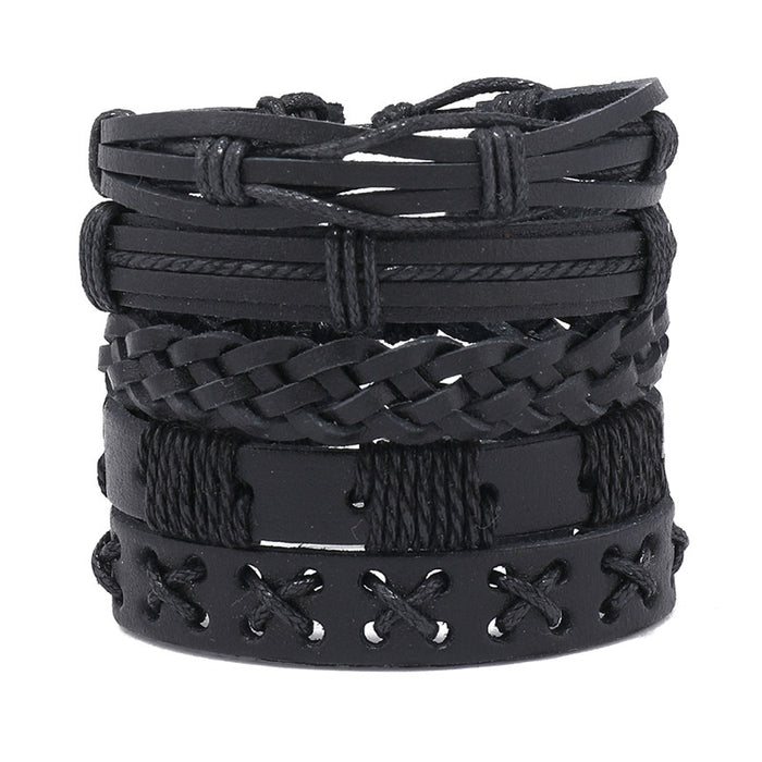 Men Handmade Multi Layer Black Leather Bracelet 5 Piece DIY Hip Hop Wristband Set