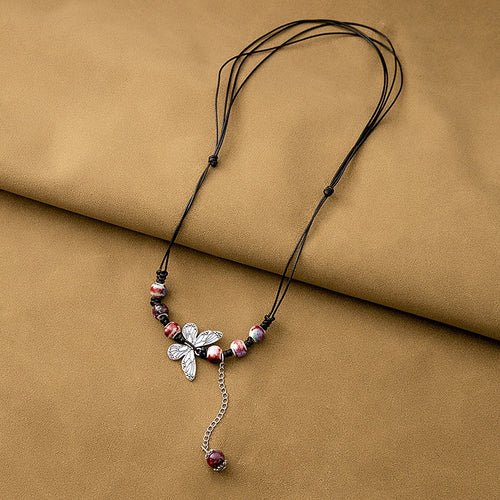 New Chinese Ethnic Butterfly Pendant Necklace, Vintage Beaded Round Collarbone Chain Jewelry