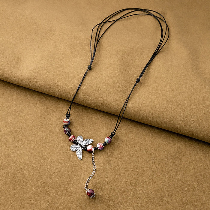 New Chinese Ethnic Butterfly Pendant Necklace, Vintage Beaded Round Collarbone Chain Jewelry