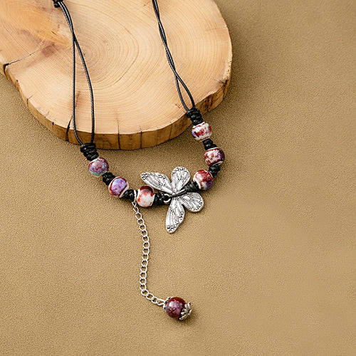 New Chinese Ethnic Butterfly Pendant Necklace, Vintage Beaded Round Collarbone Chain Jewelry