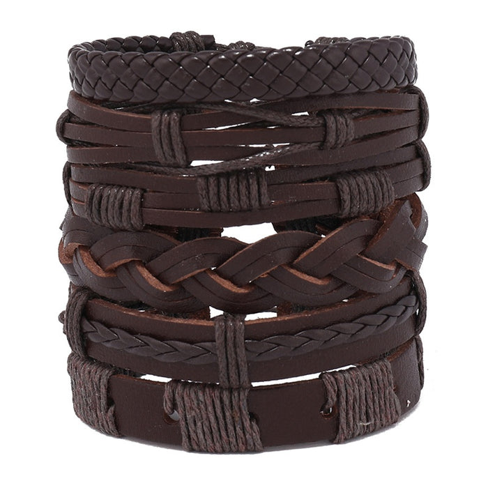 Brown Handmade Braided Multilayer Leather Mens Bracelet DIY 6 Piece Wristband Set