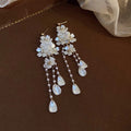 French Elegant Shell Square Zircon Pearl Tassel Drop Earrings With Silver Needle view 2