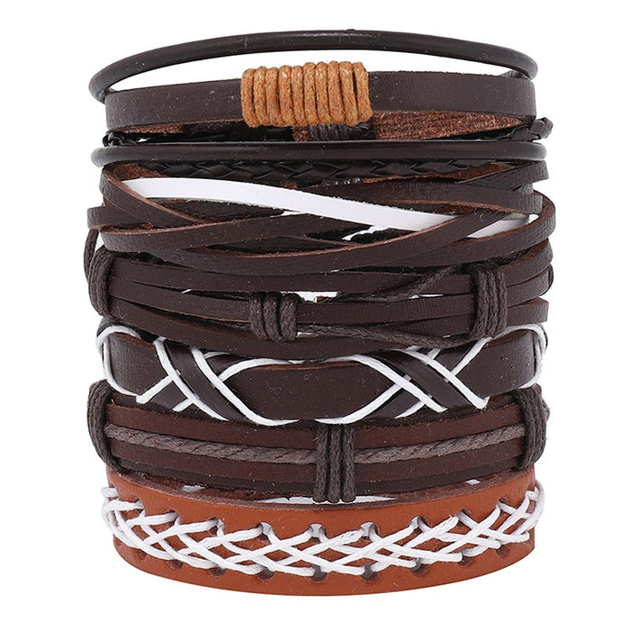 Vintage Handmade Braided Men's Bracelet Set, 6 Piece Multilayer DIY Woven Leather Wristband Jewelry