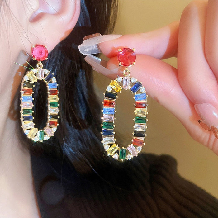 Korean Style Colorful Zircon Flower Oval Stud Earrings, Creative Forest Fashion Ear Jewelry