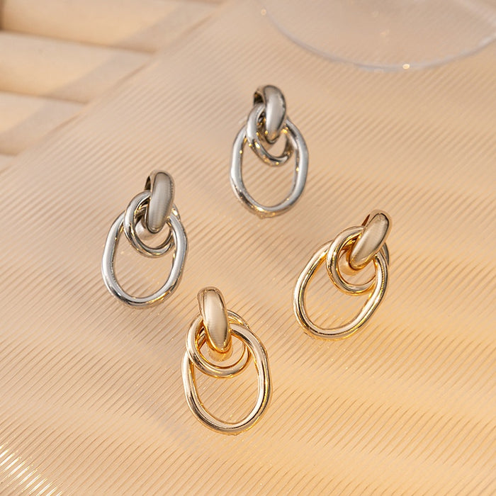 Minimalist Geometric Double Hoop Twisted Metal Studs Elegant Vintage Gold Silver Alloy Earrings