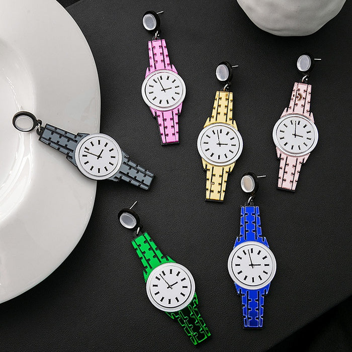 Creative Acrylic Wristwatch Clock Drops, Minimalist Geometric Round Dial Statement Earrings