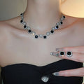 Alloy Rhinestone Geometric Square Stud Earrings And Necklace Jewelry Set Light Luxury Western Style view 2