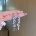 Zircon Leaf Long Tassel Drop Earrings With Silver Pin, European American Light Luxury Jewelry view 4