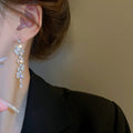 Zircon Leaf Long Tassel Drop Earrings With Silver Pin, European American Light Luxury Jewelry view 3