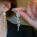 Zircon Leaf Long Tassel Drop Earrings With Silver Pin, European American Light Luxury Jewelry view 1