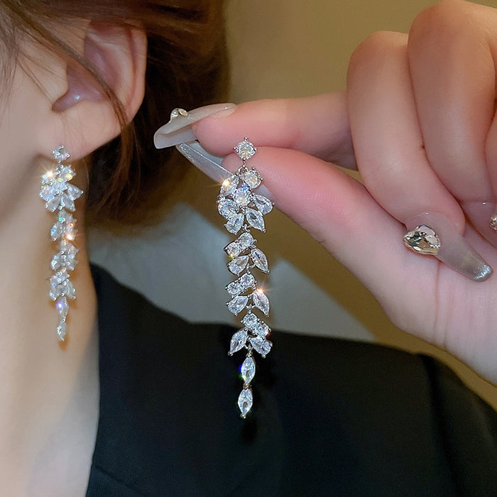 Zircon Leaf Long Tassel Drop Earrings With Silver Pin, European American Light Luxury Jewelry