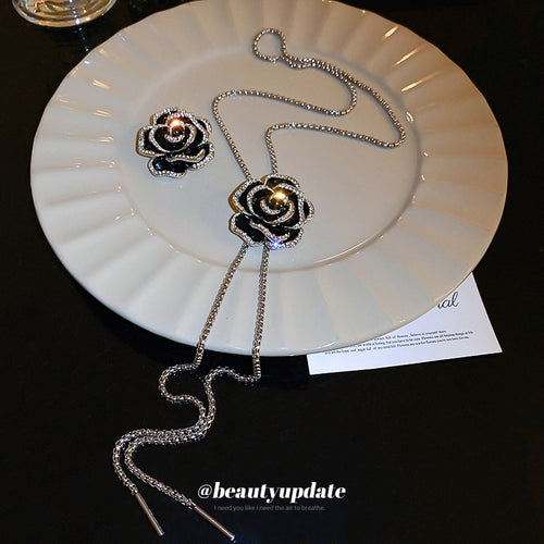 Light Luxury Camellia Zircon Enamel Adjustable Long Tassel Sweater Necklace