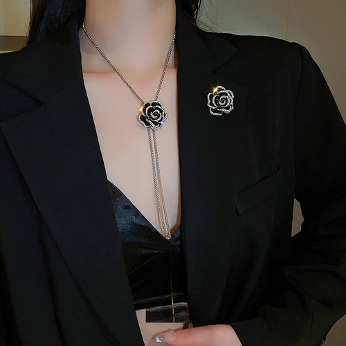 Light Luxury Camellia Zircon Enamel Adjustable Long Tassel Sweater Necklace