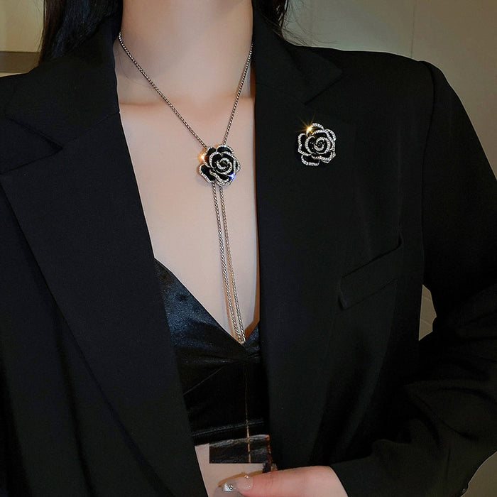 Light Luxury Camellia Zircon Enamel Adjustable Long Tassel Sweater Necklace