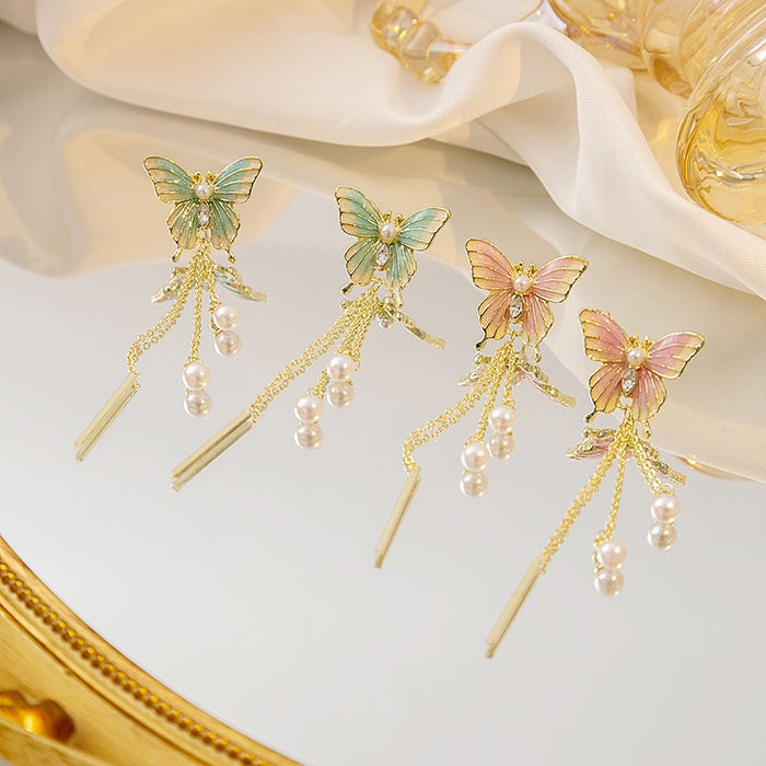 Elegant Forest Style Gradient Enamel Butterfly Pearl Rhinestone Long Asymmetric Chain Tassel Alloy Drop Earrings