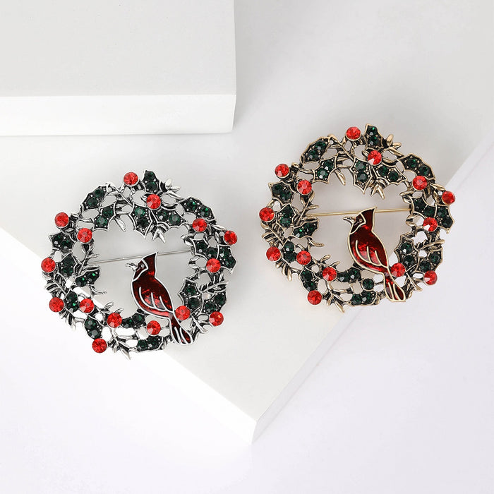 Alloy Enamel Rhinestone Christmas Wreath Bird Brooch For Holiday Outfits