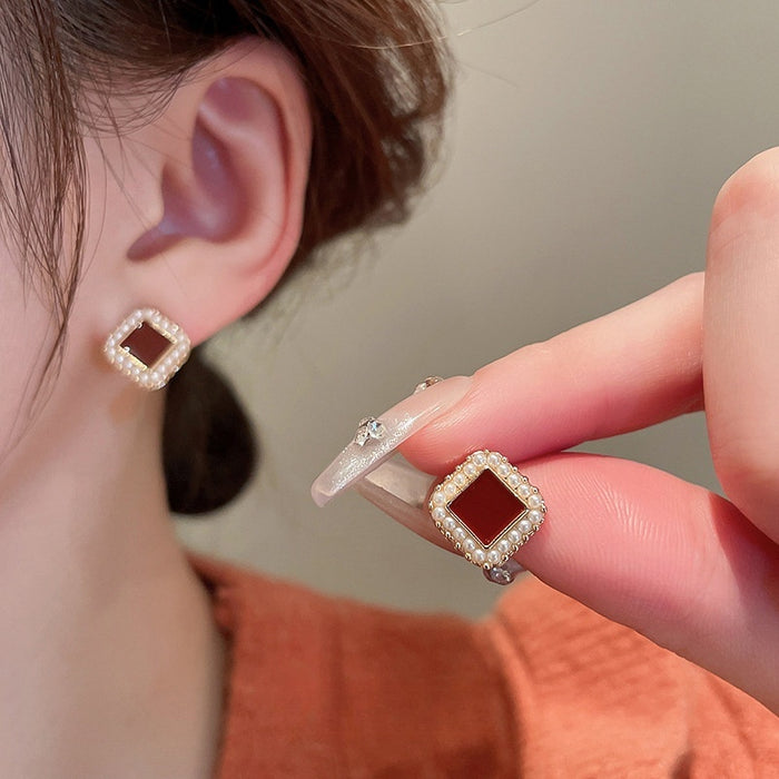 Hong Kong Style Vintage Geometric Square Faux Pearl Stud Earrings With Enamel Oil Drip Design