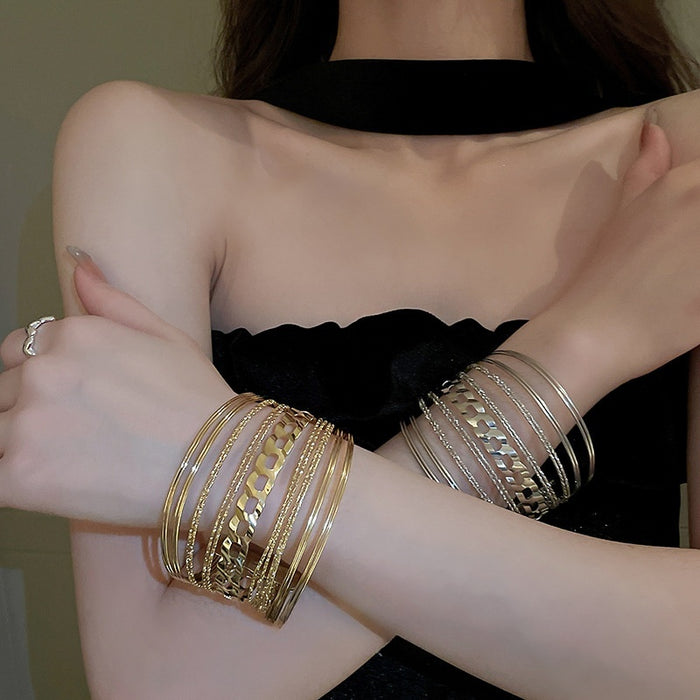 Korean Style Metal Open Bangle For Women, Multilayer Hollow Geometric Round Design