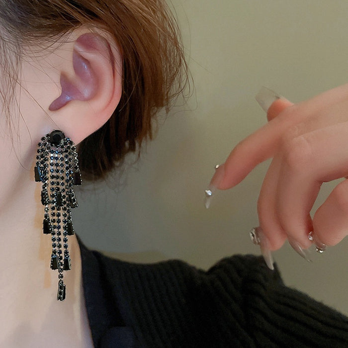 Zircon Geometric Long Tassel Drop Earrings With Silver Needle Dark Luxury European Style