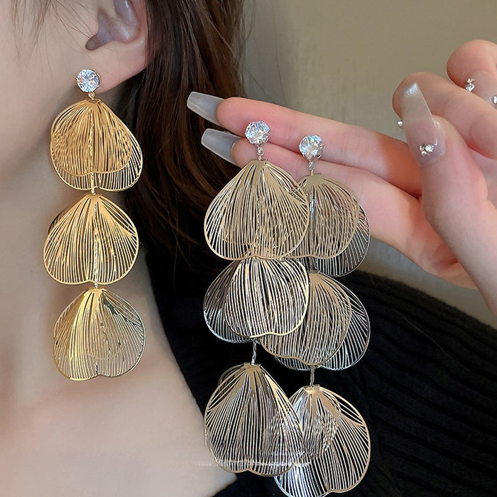 Copper Floral Rhinestone Hollow Flower Tassel Drop Earrings With Silver Needle Posts